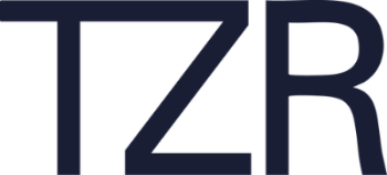 Logo with the letters 'TZR' in navy blue on a white background